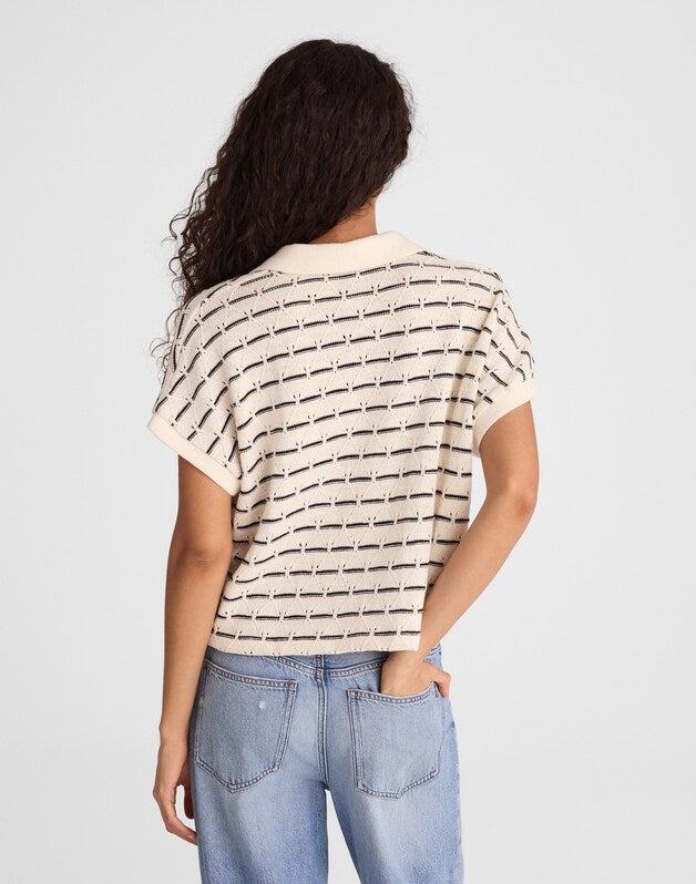 Diamond-Knit Relaxed Polo Shirt BEIGE BLACK STRIPE
