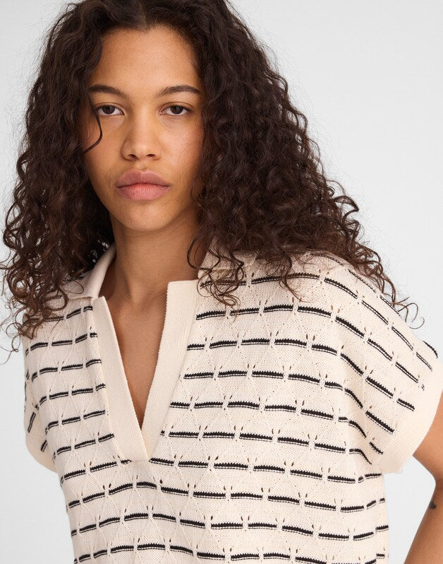 Diamond-Knit Relaxed Polo Shirt BEIGE BLACK STRIPE