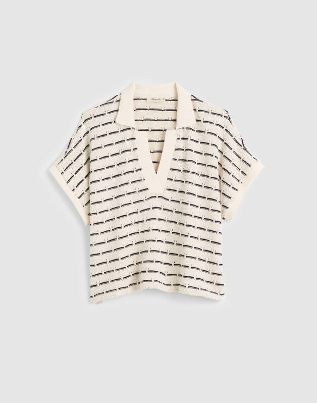 Diamond-Knit Relaxed Polo Shirt BEIGE BLACK STRIPE