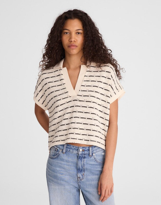 Diamond-Knit Relaxed Polo Shirt BEIGE BLACK STRIPE
