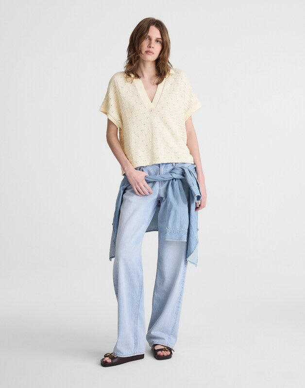 Diamond-Knit Relaxed Polo Shirt LATTICE STRIPE IVORY AND
