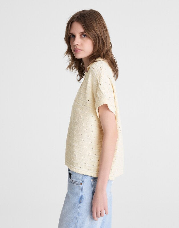 Diamond-Knit Relaxed Polo Shirt LATTICE STRIPE IVORY AND