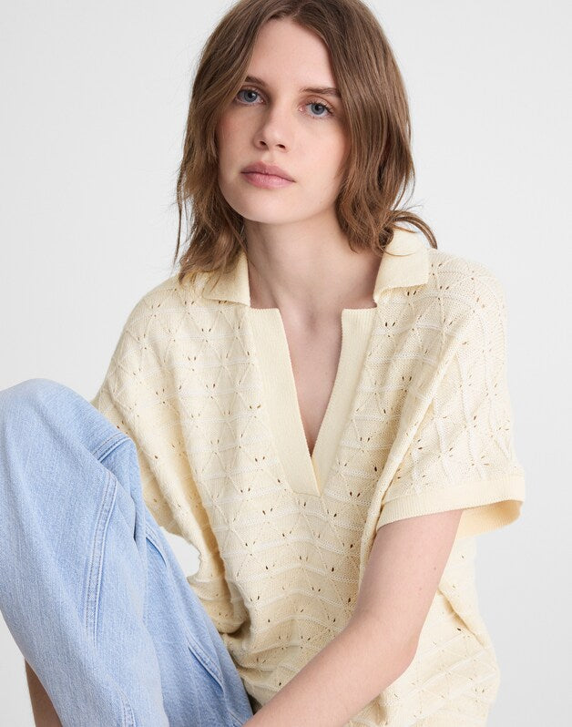 Diamond-Knit Relaxed Polo Shirt LATTICE STRIPE IVORY AND