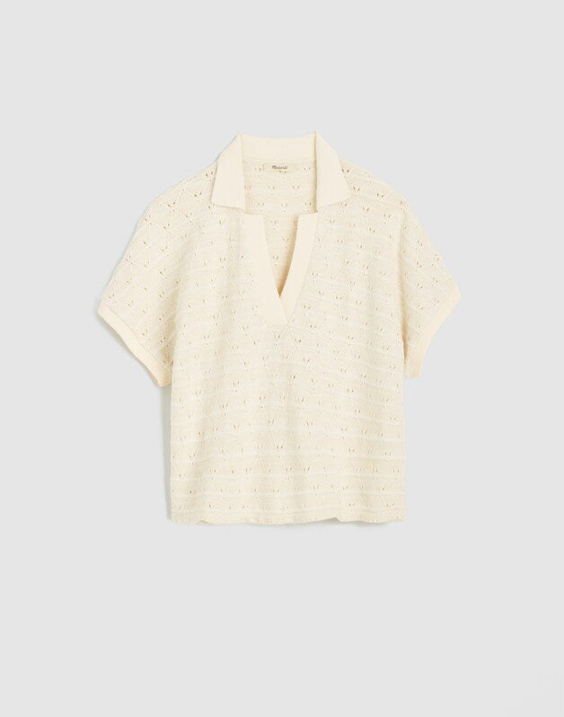 Diamond-Knit Relaxed Polo Shirt LATTICE STRIPE IVORY AND