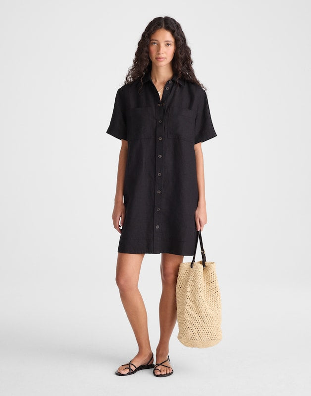 Relaxed Mini Shirtdress in 100% Linen JET BLACK