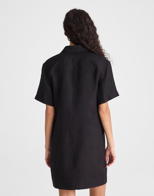 Relaxed Mini Shirtdress in 100% Linen JET BLACK