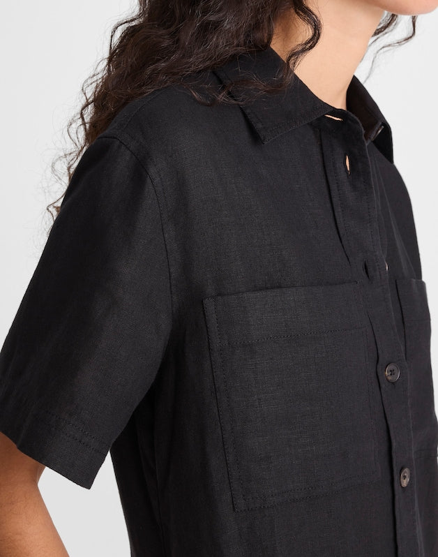 Relaxed Mini Shirtdress in 100% Linen JET BLACK