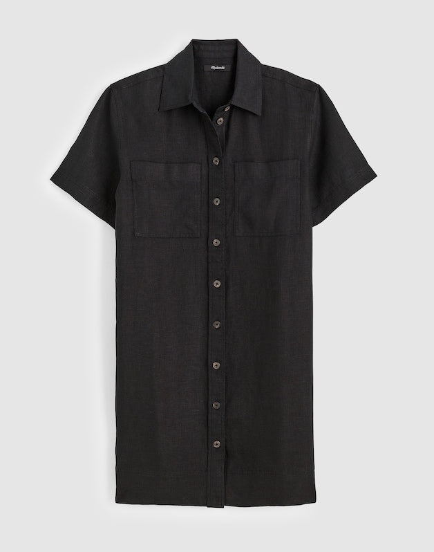 Relaxed Mini Shirtdress in 100% Linen JET BLACK