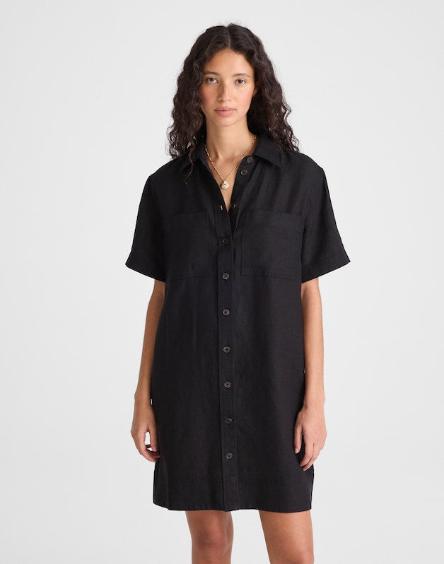 Relaxed Mini Shirtdress in 100% Linen JET BLACK