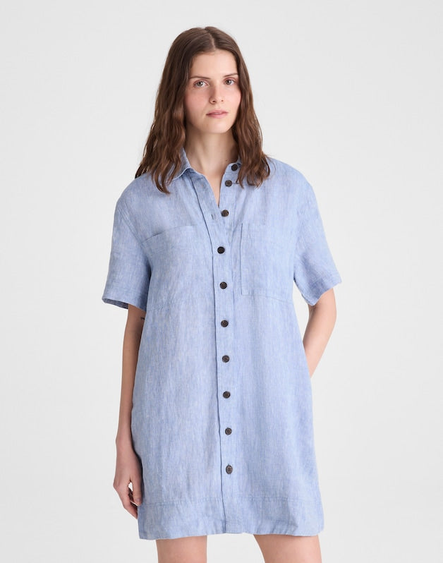 Relaxed Mini Shirtdress in 100% Linen SUNFADED BLUE
