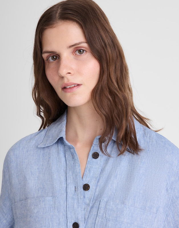 Relaxed Mini Shirtdress in 100% Linen SUNFADED BLUE
