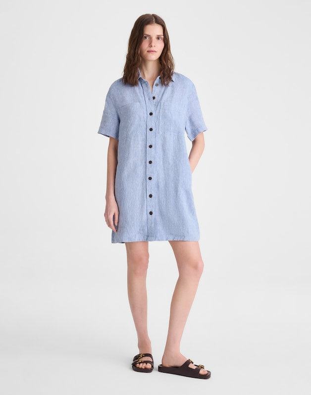 Relaxed Mini Shirtdress in 100% Linen SUNFADED BLUE