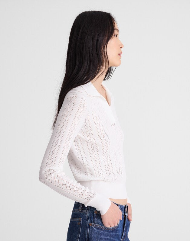 Pointelle-Stitch Polo Sweater WHITE
