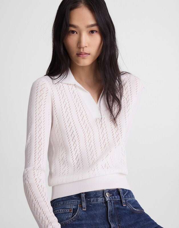 Pointelle-Stitch Polo Sweater WHITE