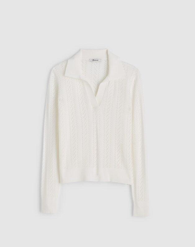 Pointelle-Stitch Polo Sweater WHITE