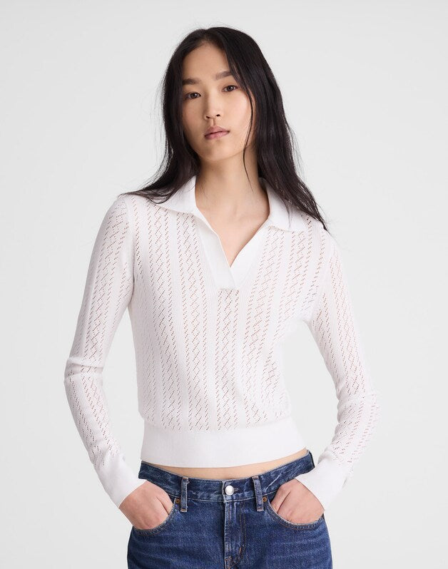 Pointelle-Stitch Polo Sweater WHITE