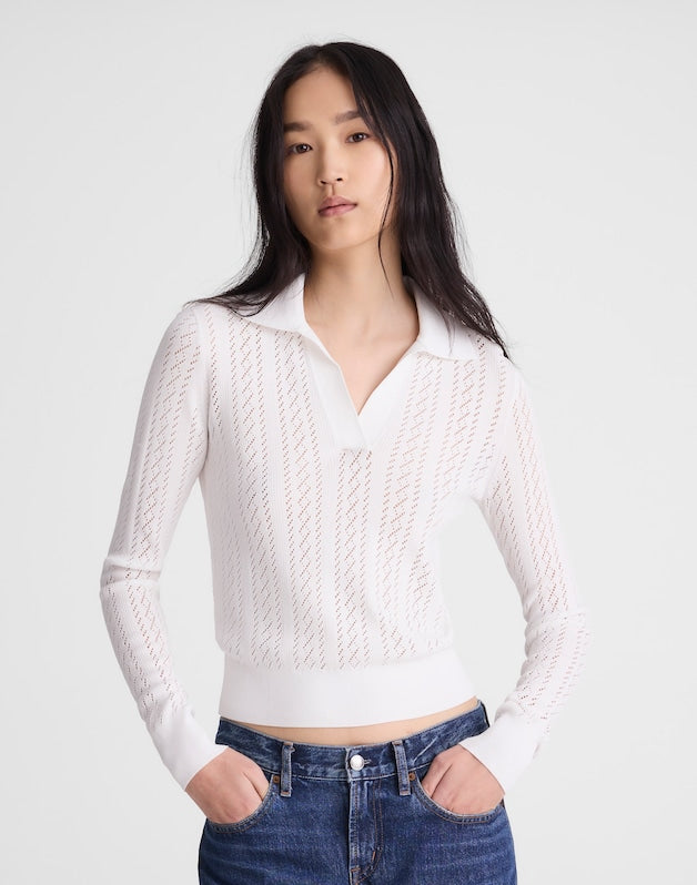 Pointelle-Stitch Polo Sweater WHITE