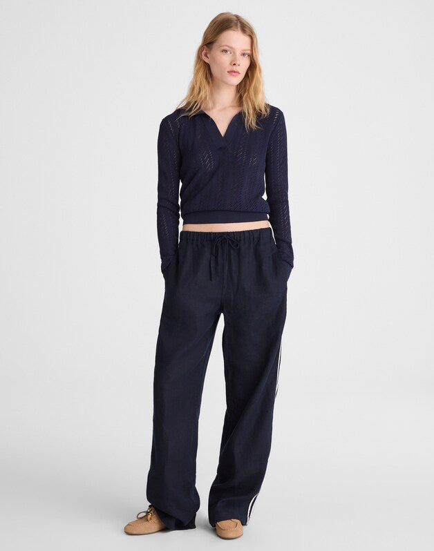 Pointelle-Stitch Polo Sweater TRUE NAVY