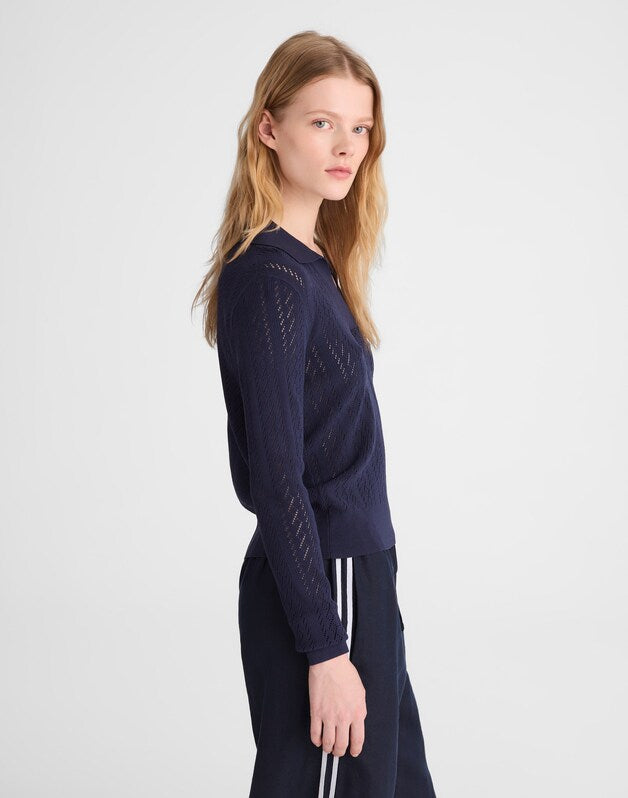 Pointelle-Stitch Polo Sweater TRUE NAVY