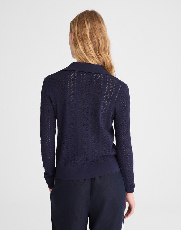 Pointelle-Stitch Polo Sweater TRUE NAVY
