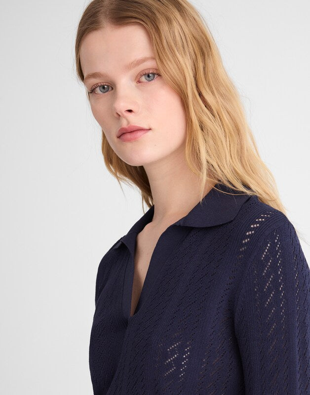 Pointelle-Stitch Polo Sweater TRUE NAVY