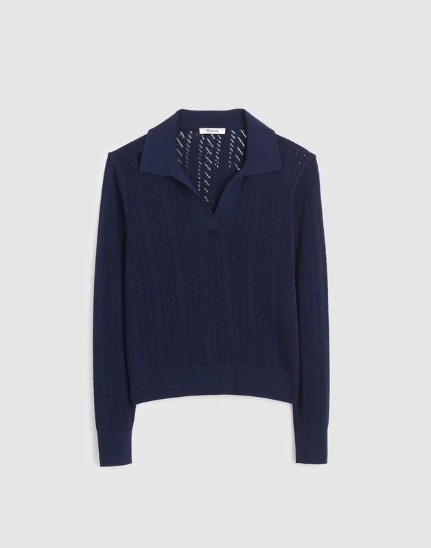 Pointelle-Stitch Polo Sweater TRUE NAVY