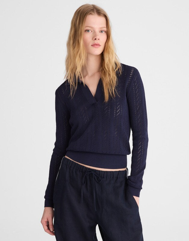 Pointelle-Stitch Polo Sweater TRUE NAVY