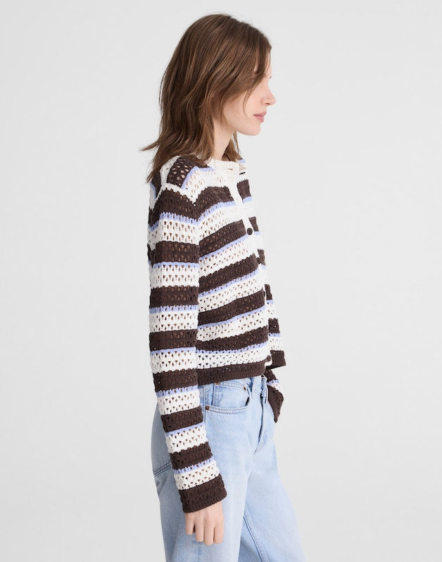 Striped Crochet Cardigan Sweater in 100% Cotton IVORY AND BROWN MULTI STRIPE