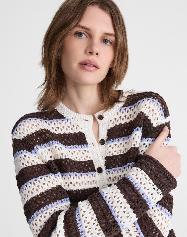 Striped Crochet Cardigan Sweater in 100% Cotton IVORY AND BROWN MULTI STRIPE