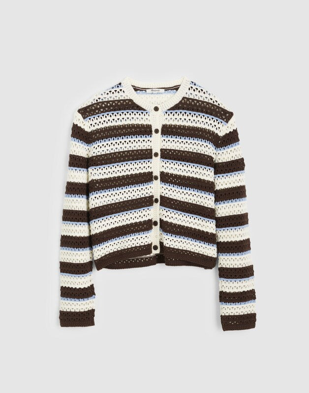 Striped Crochet Cardigan Sweater in 100% Cotton IVORY AND BROWN MULTI STRIPE