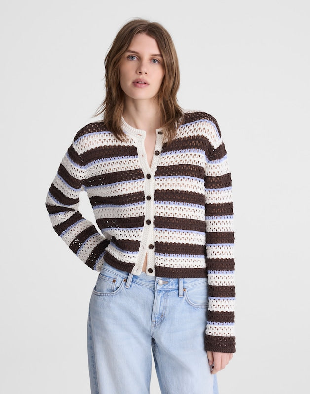 Striped Crochet Cardigan Sweater in 100% Cotton IVORY AND BROWN MULTI STRIPE