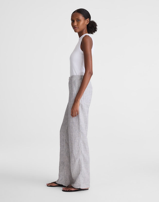 The Zoe Relaxed Straight Pant in 100% Linen BLACK WHITE MINI STRIPE
