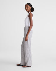 The Zoe Relaxed Straight Pant in 100% Linen BLACK WHITE MINI STRIPE