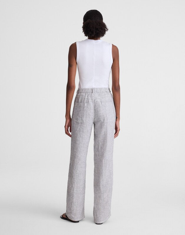 The Zoe Relaxed Straight Pant in 100% Linen BLACK WHITE MINI STRIPE