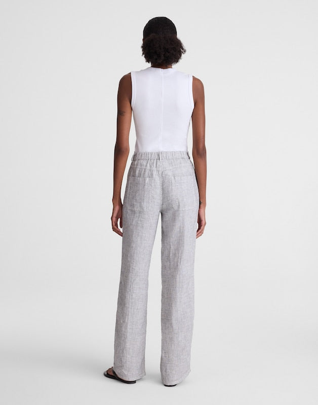 The Tall Zoe Relaxed Straight Pant in 100% Linen BLACK WHITE MINI STRIPE