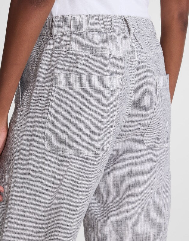 The Zoe Relaxed Straight Pant in 100% Linen BLACK WHITE MINI STRIPE