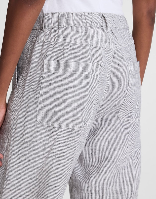 The Zoe Relaxed Straight Pant in 100% Linen BLACK WHITE MINI STRIPE