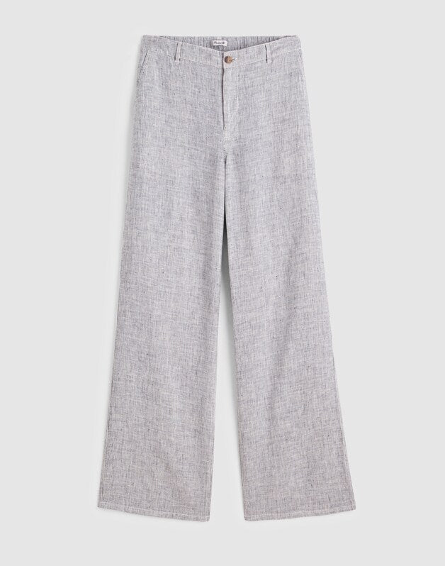 The Zoe Relaxed Straight Pant in 100% Linen BLACK WHITE MINI STRIPE