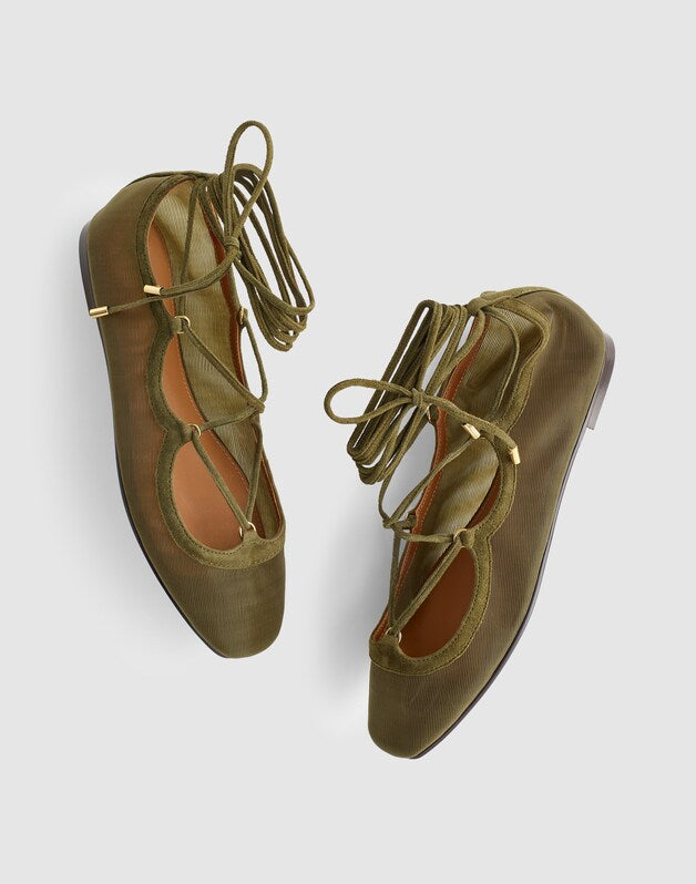 The Greta Lace-Up Ballet Flat in Mesh DARK OLIVE