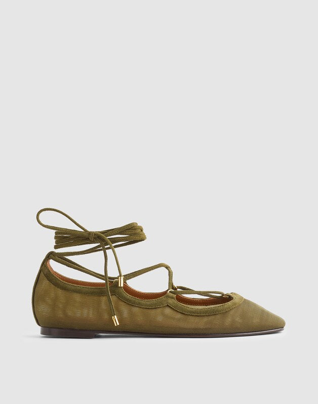 The Greta Lace-Up Ballet Flat in Mesh DARK OLIVE