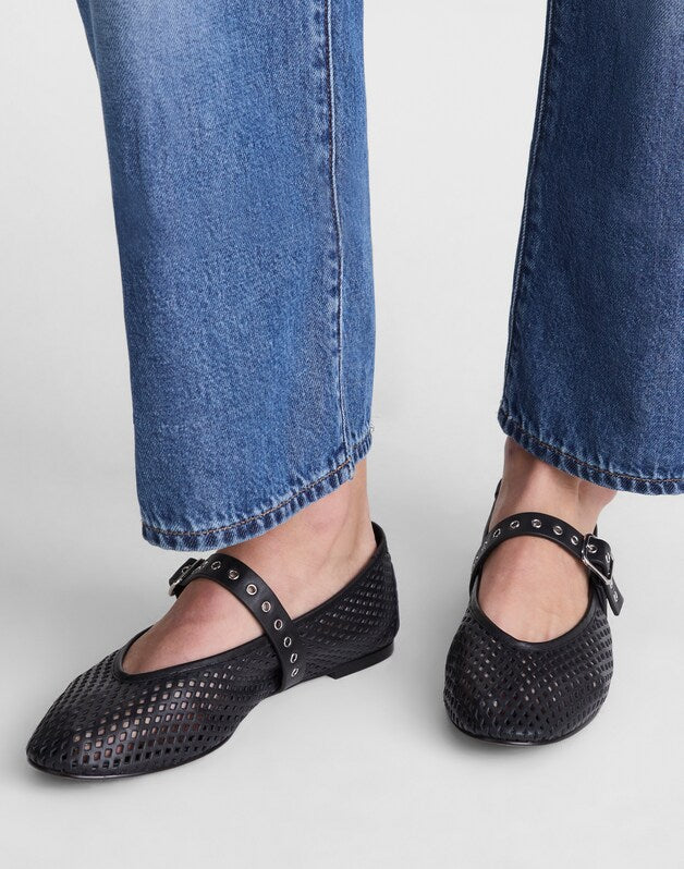 The Remy Mary Jane Flat in Perforated Leather TRUE BLACK