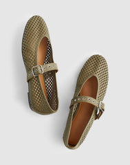 The Remy Mary Jane Flat in Perforated Leather WORN OLIVE