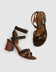 The Corinna Buckle-Strap Heeled Sandal in Suede EXPEDITION GREEN