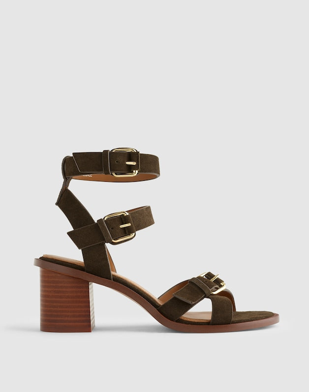 The Corinna Buckle-Strap Heeled Sandal in Suede EXPEDITION GREEN