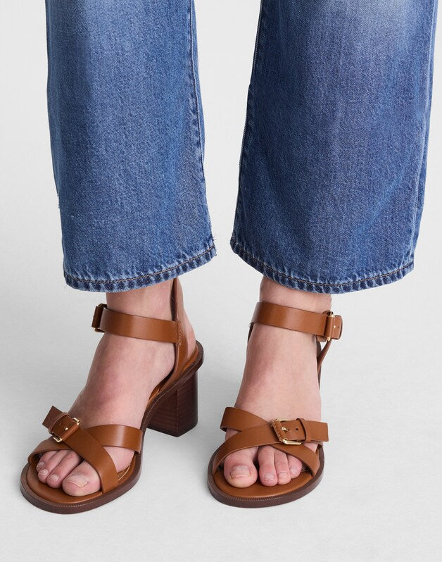 The Corinna Buckle-Strap Heeled Sandal in Leather CINNAMON STICK