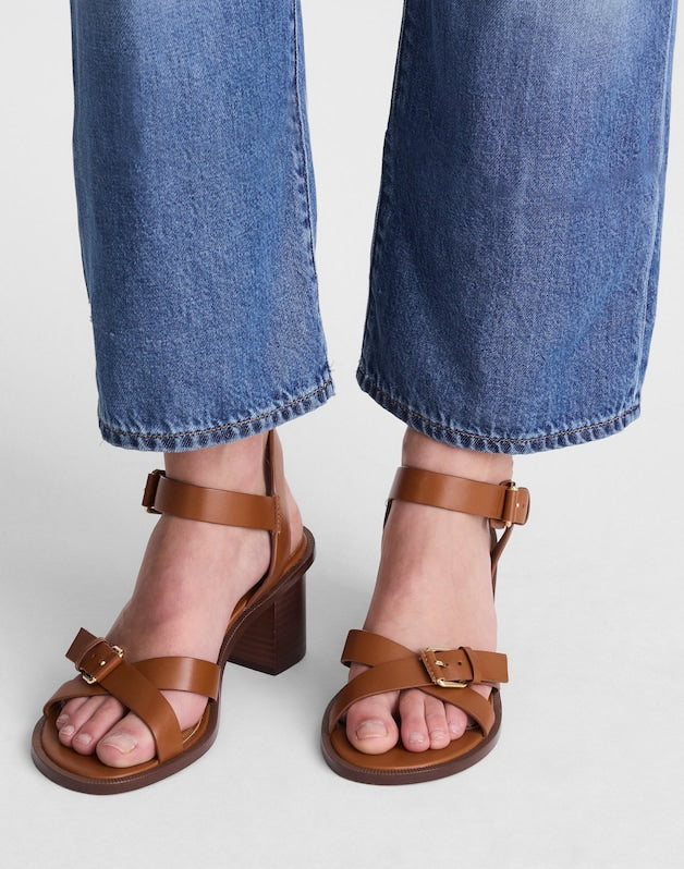 The Corinna Buckle-Strap Heeled Sandal in Leather CINNAMON STICK