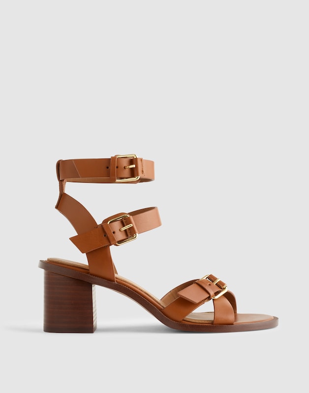 The Corinna Buckle-Strap Heeled Sandal in Leather CINNAMON STICK