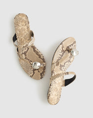 The Mila Sculpted Hardware Thong Slide Sandal in Stamped Leather VINTAGE KHAKI MULTI