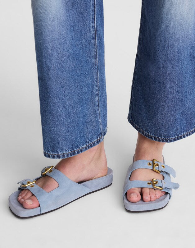 The Cambrea Double-Buckle Sandal in Suede SERENE BLUE