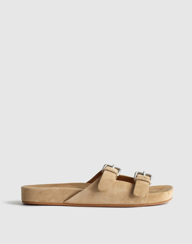 The Cambrea Double-Buckle Sandal in Suede FIELD KHAKI